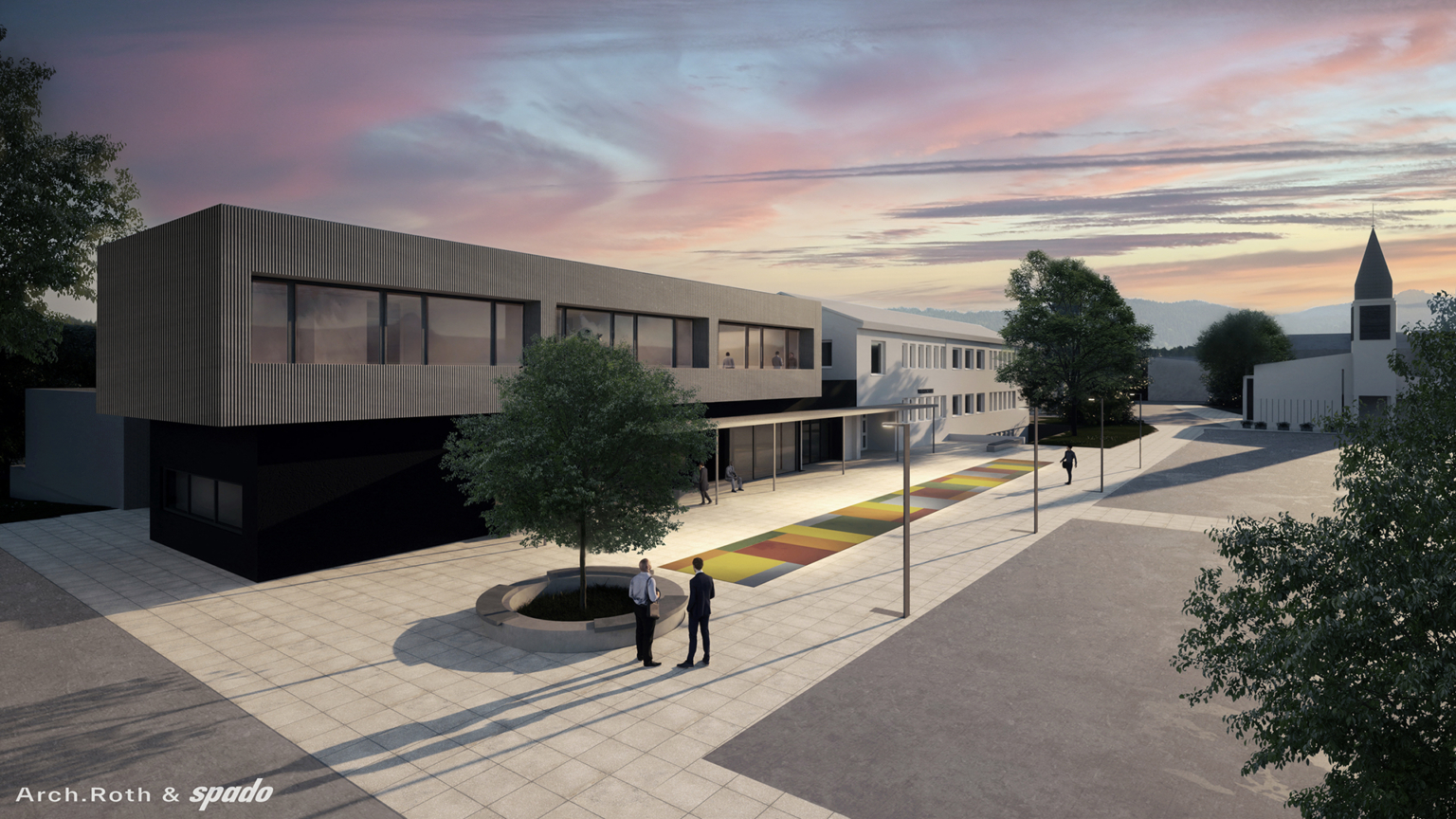 Visualisierung Bildungszentrum Liebenfels und Ortsplatz, Abendstimmung