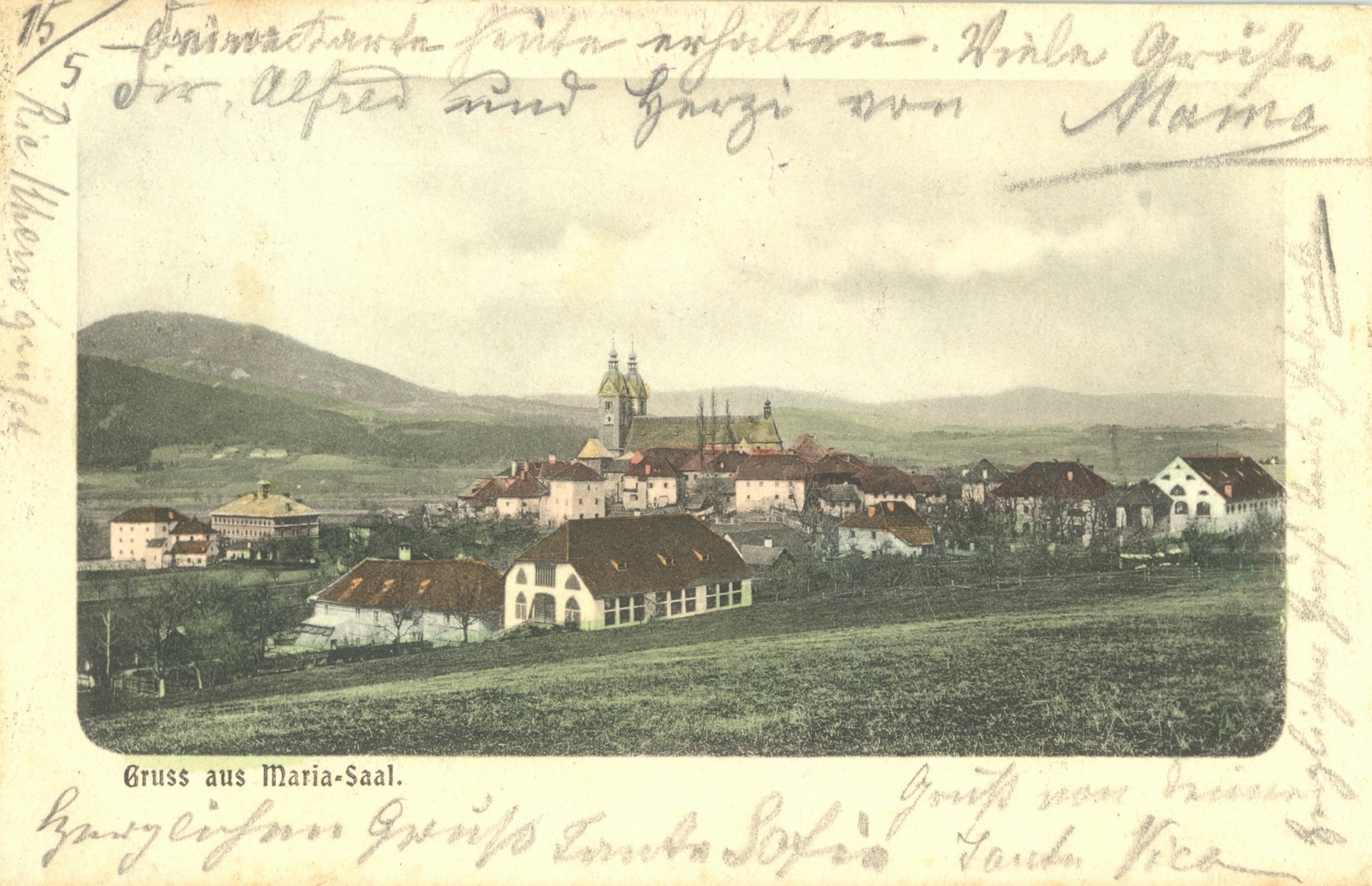 alte Postkartenansicht Maria Saal mit dem Skreinigstadel im Vordergrund